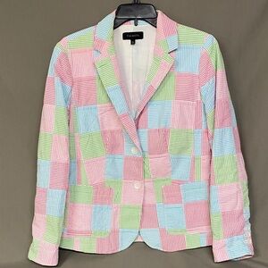 Talbots Women's Pastel Patchwork Madras Seersucker Blazer Pink Blue Green Sz 8